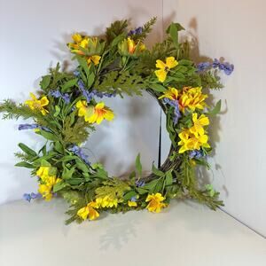 NWT Handmade Yellow Purple Floral Spring Wreath 16" Easter Bright Door